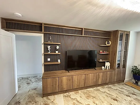 Bespoke timber media wall by Downes Fitted Furniture